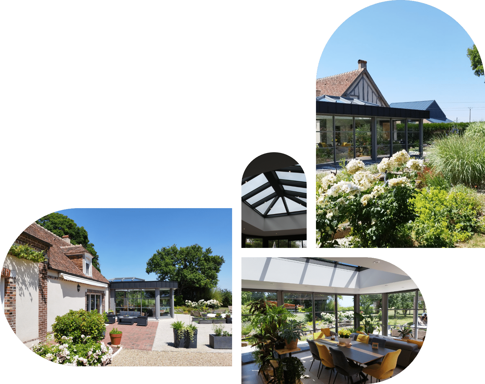 Quatre images d'une maison avec patio, jardin et piscine, montrant différents angles et détails de l'extérieur