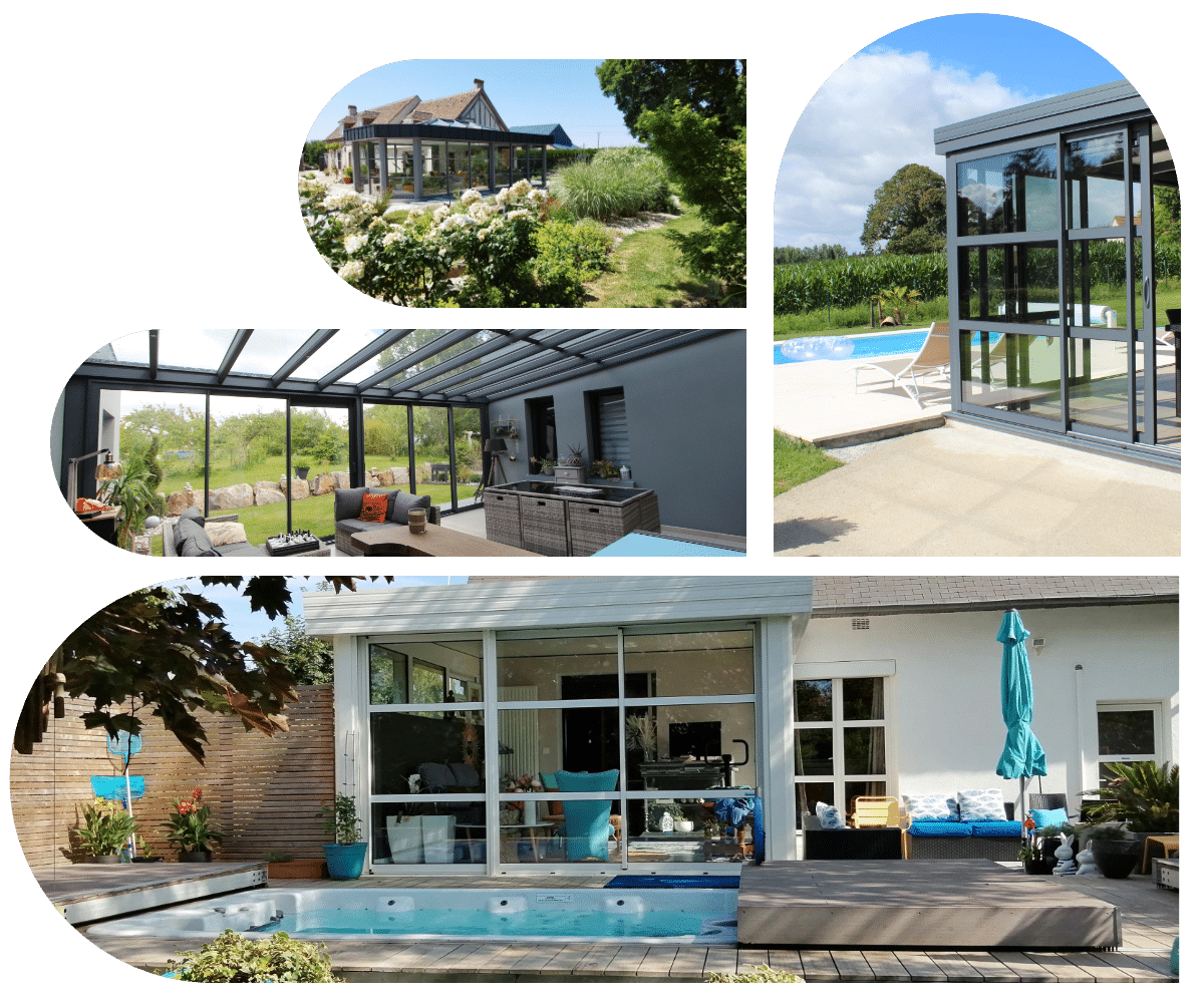 Quatre images d'une maison avec piscine et patio, montrant différents angles et détails de l'extérieur