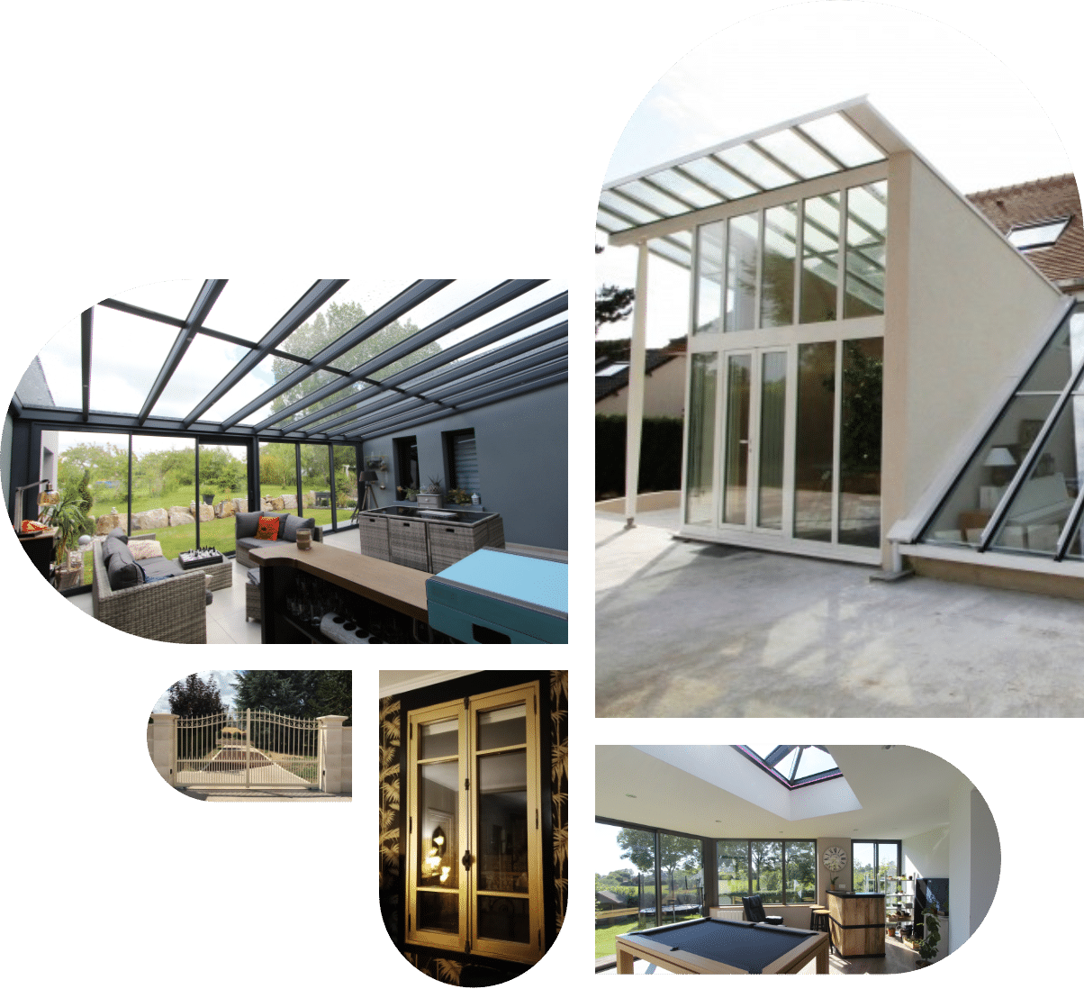 Quatre images montrant différents types de fenêtres en verre, illustrant la variété des styles et des designs