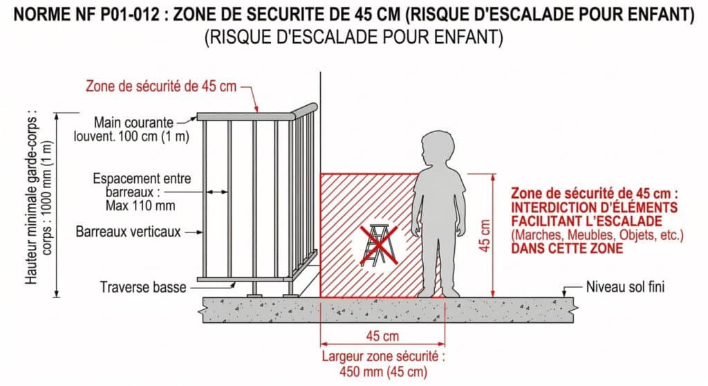 Image de la norme NF P01 012 expliquant la zone de sécurité de 45cm
