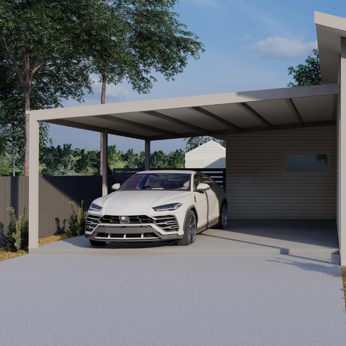 Une voiture est garée sous un carport conçu par Embellie Habitat