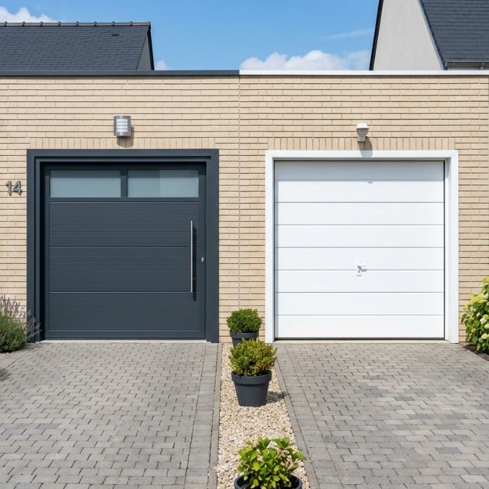 Porte de garage avec deux jardinières de chaque côté, ajoutant une touche décorative à l entrée