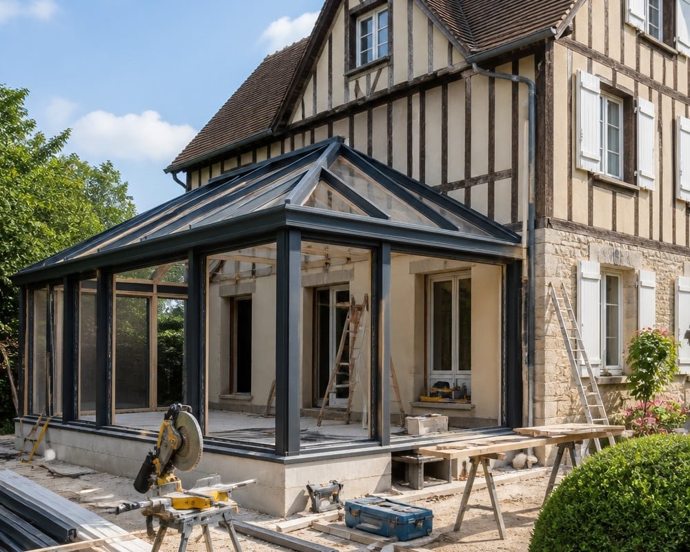 Maison en construction à Évreux, avec une véranda dotée d un toit en verre